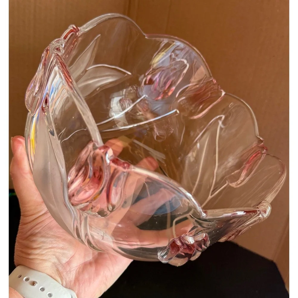 Vintage Mikasa Pink Tulip Frosted Glass Serving Bowl Scalloped Floral 8